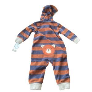 New Carters Teddy Bear Booty Full Body Hood Boys 9 Months Blue And Brown Stripes